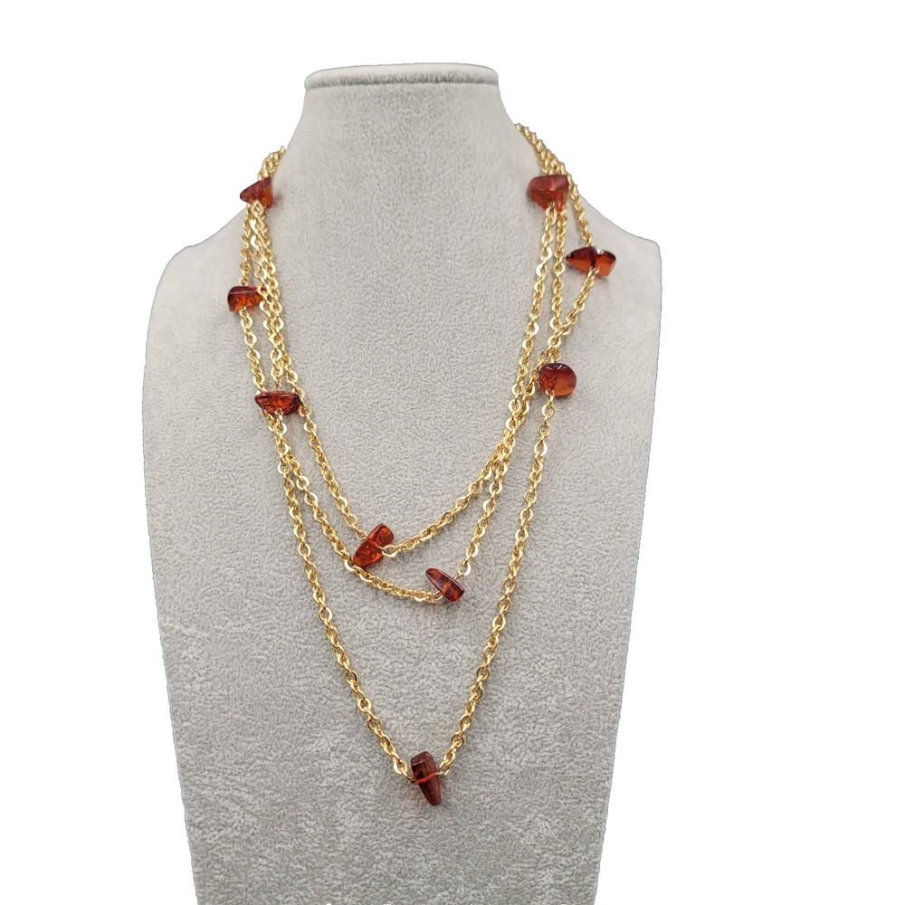 Vintage Necklace Gold tone Brown Station Extra Long 32 in