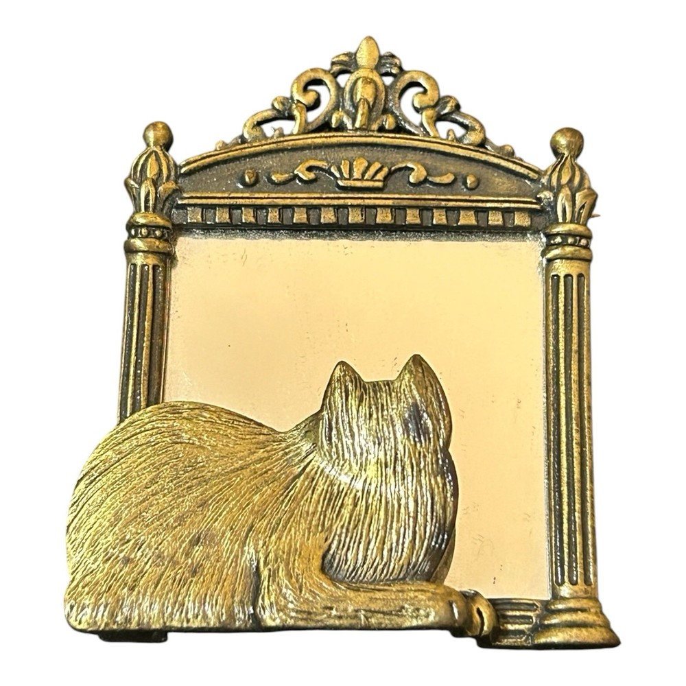 JJ Signed Vintage Cat Mirror Brooch Gold Tone Figural 2.25in