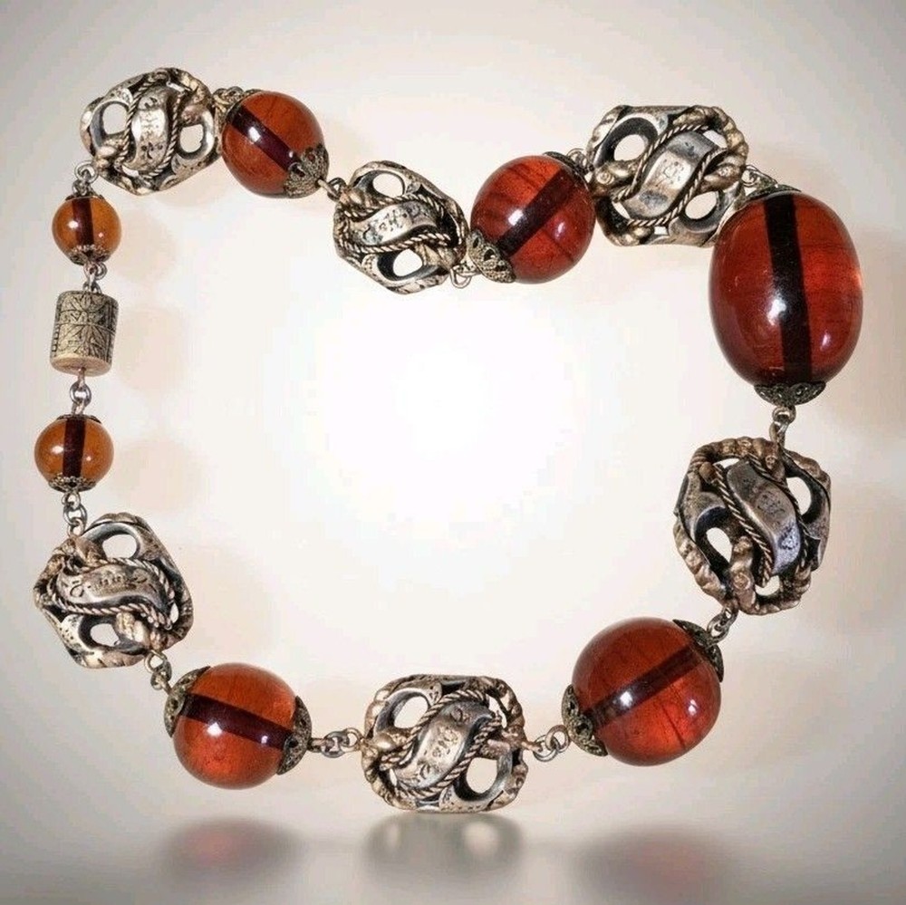 LOUIS ROUSSELET Necklace Amber Glass Beads & Brass 15″ Made In France Vintage