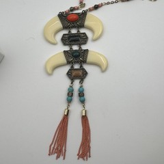 Antique Gold BOHO Tribal Totem Faux Bone TasselS Necklace