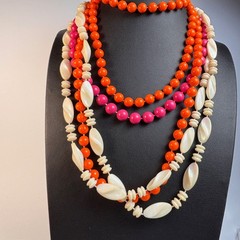 Vintage Beaded Necklace Orange Pink White Acrylic Kidcore Boho Statement Layered