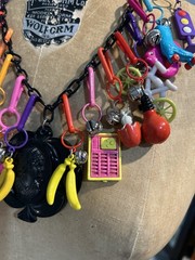 Vintage 80s Bell Clip Charms On Plastic Cameo Necklace Chain Black Nice Lot Rare