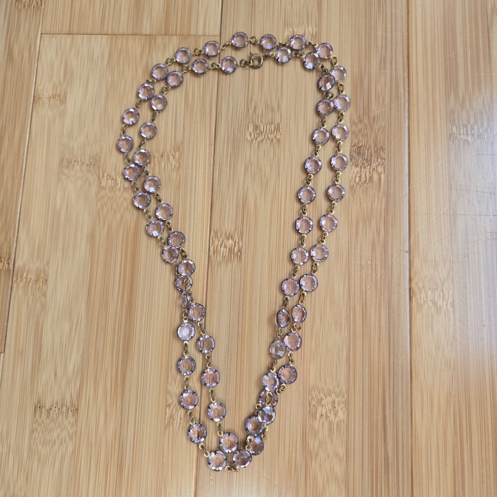 Art Deco Flapper Lavender Glass Necklace Double Bezel Two-Sided Prong Setting