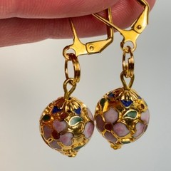 Vintage Cloisonne Dangle Earrings Gold Floral Enamel Glass Bead Boho Chic