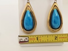 Vintage Artisan Gold Plated with Blue Ceramic Pottery Teardrop Clip On Earrings