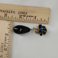 Vintage 80s Womens Clip On Black Enamel Multicolored Gems Tear Drop Earrings
