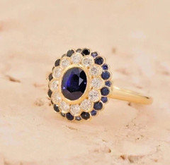Art Deco Style Oval Cut Sapphire &Lab Created Diamond14K Gold FN Engagement Ring