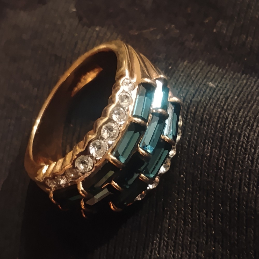 Mid-Century Style Blue Sapphire Color Baguette Tiered Statement Ring Vintage