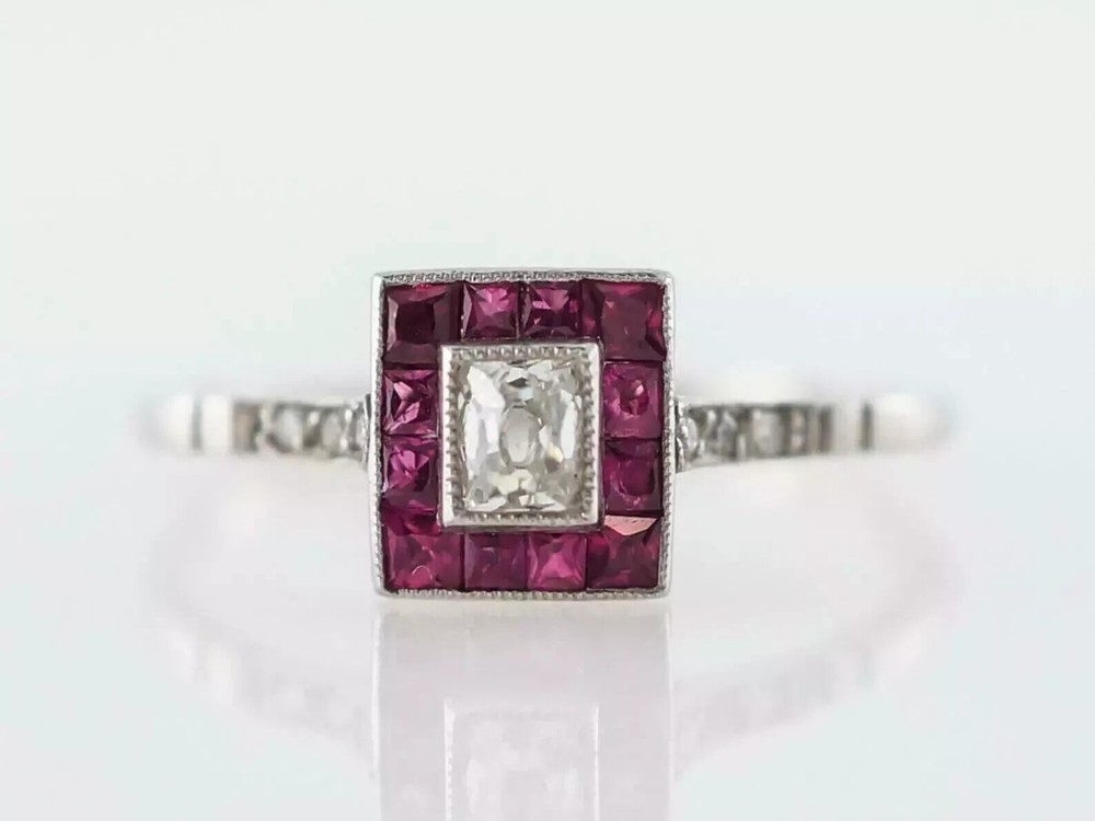 Art Deco Style Princess Cut Lab Created Diamond & Ruby Wedding 14k White Gold FN