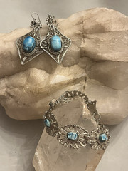 Vintage Egyptian Revival Turquoise Scarab Silver Filigree Bracelet/Earrings Set