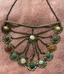 Vtg Brass Statement Bib Necklace Gold Toned Multi-layered Faux Gemstone Accents