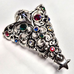 Estate Silver Tone & Rhinestone Christmas Tree Open Scroll Pendant Pin / Brooch