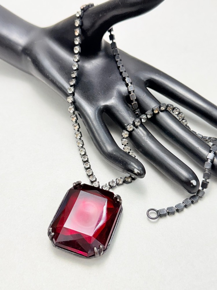Kenneth Jay Lane Huge Red Glass Pendant Crystal Tennis Chain Necklace KJL