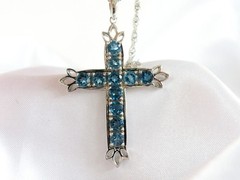 Vintage Sterling Silver 925 Heated London Blue Topaz Cross Pendant Necklace