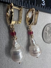 White Baroque Pearl Earrings With Carnelian Accent, Melting Lever back