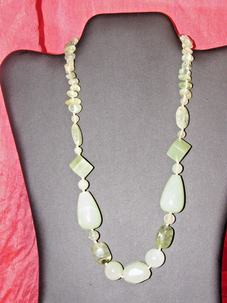 Natural Prehnite Gemstone beads w/Lt Grn Jadite strung & Knotted Necklace 19″ L