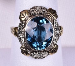 Vintage 14K White Gold Filigree Ring Yellow Gold Leaves Synthetic Spinel Size 7