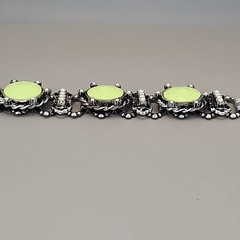 Vintage Bracelet Lime Green Round Bead Faux Pearl Silver Tone Book Chain 6″