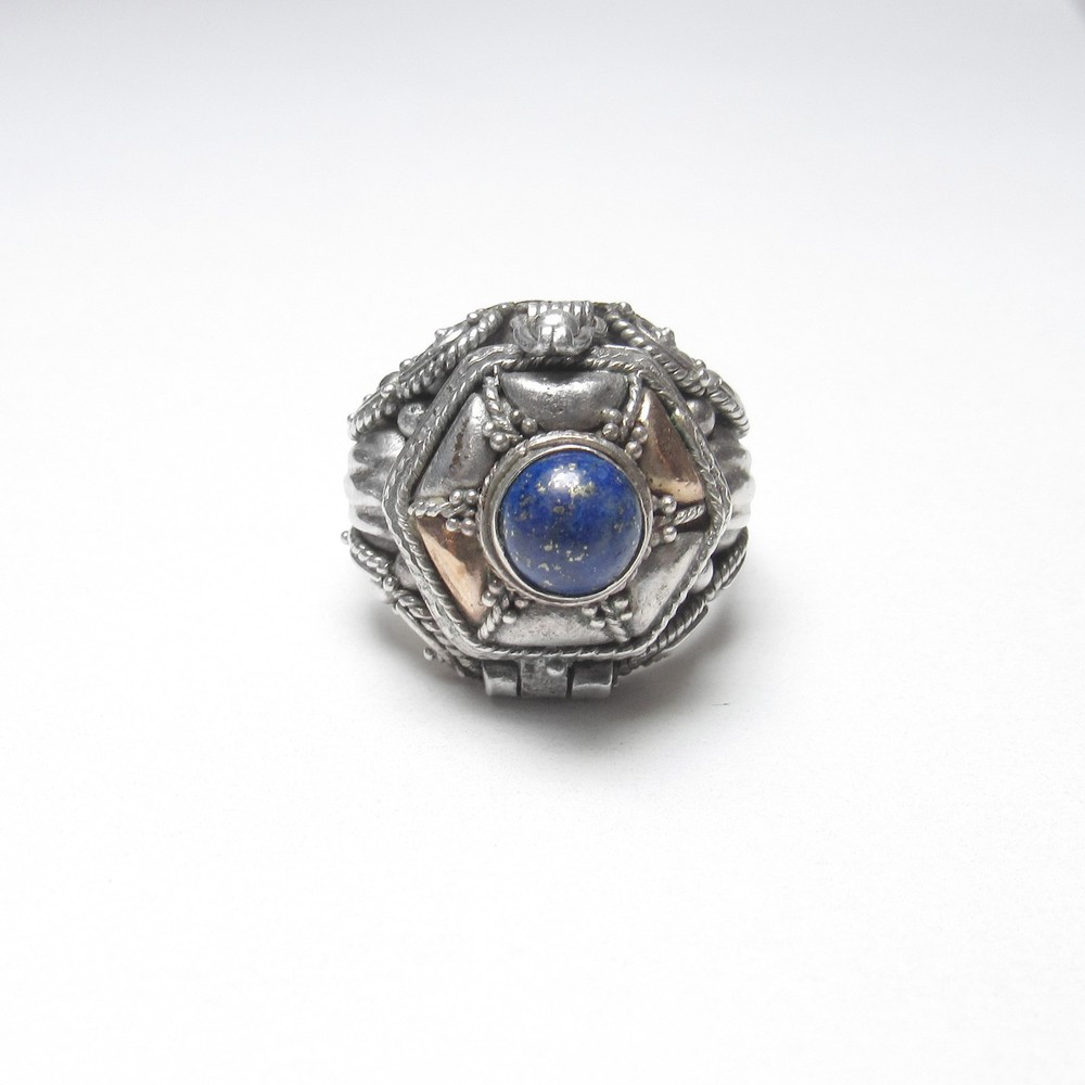 Sterling Silver And 10K Yellow Gold 0.75 Ct Natural Royal Blue Lapis Poison Ring