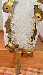 Vintage Brass Dangle Cats Charm Necklace Artisan 32″