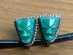 Vintage Mexican Sterling Silver Ornate Hand Carved Jade Brooch Earring Set 30g