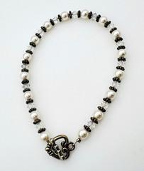 Handcrafted Antique Silver Tone Faux Pearl Crystal Bracelet Heart Toggle Clasp