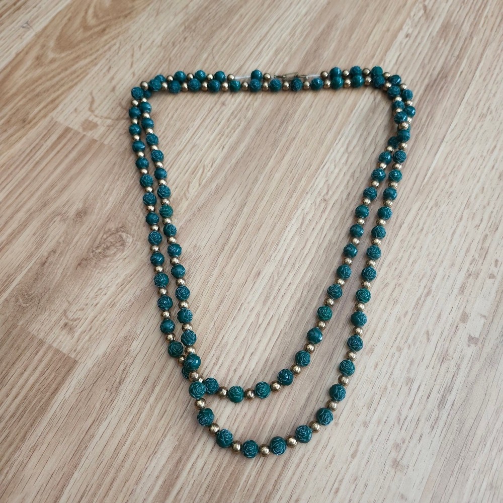 Vintage Green Carved Rose Plastic Bead Necklace Double Strand Gold Tone 56in