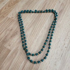 Vintage Green Carved Rose Plastic Bead Necklace Double Strand Gold Tone 56in