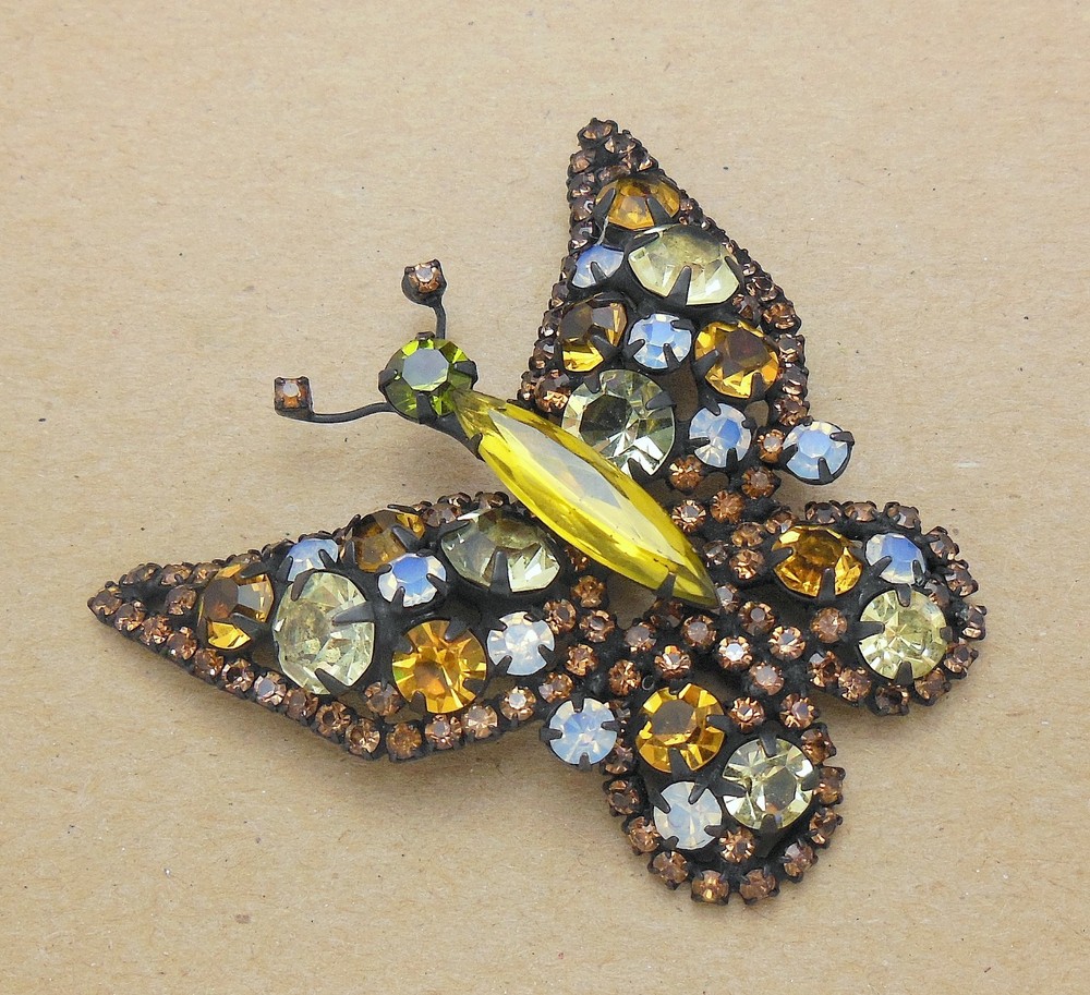 Beautiful Vintage Juliana Style Japanned Opalite Amber Topaz RS Butterfly Brooch