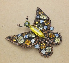 Beautiful Vintage Juliana Style Japanned Opalite Amber Topaz RS Butterfly Brooch