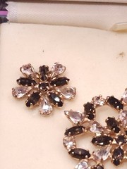 Vtg Signed b david Dark Amber & Clear Rhinestone Brooch Clip Earring Set In Box