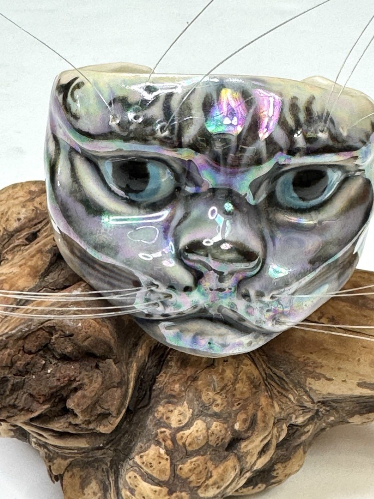 VNTG Rare Ceramic Cuff Bracelet Iridescent Cat With Whiskers, Signed KM 1987