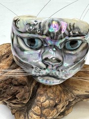 VNTG Rare Ceramic Cuff Bracelet Iridescent Cat With Whiskers, Signed KM 1987