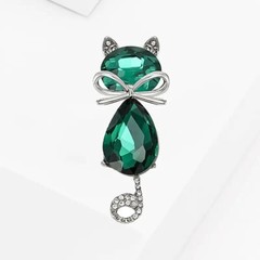 Green Vintage Gradient Crystal Cat Brooch Charming Design Ideal Gift Cat Lover