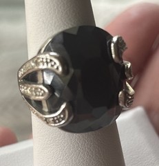 VTG Large Round Onyx Faceted Glass Gorgeous Stone With Rhinestone Accents 5.75