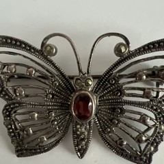 STERLING ( 925 ) BUTTERFLY BROOCH PIN WITH RED STONE & MARCASITES