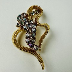 Vtg MCM Gold Tone AB Crystals Rhinestones Stylize Ribbon Textured Gold Tone 2.5”