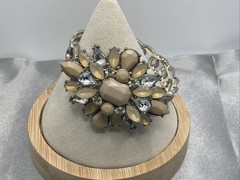 Vintage Rhinestone Cluster Stretch Bracelet Champagne Silver Tone Statement 6.25