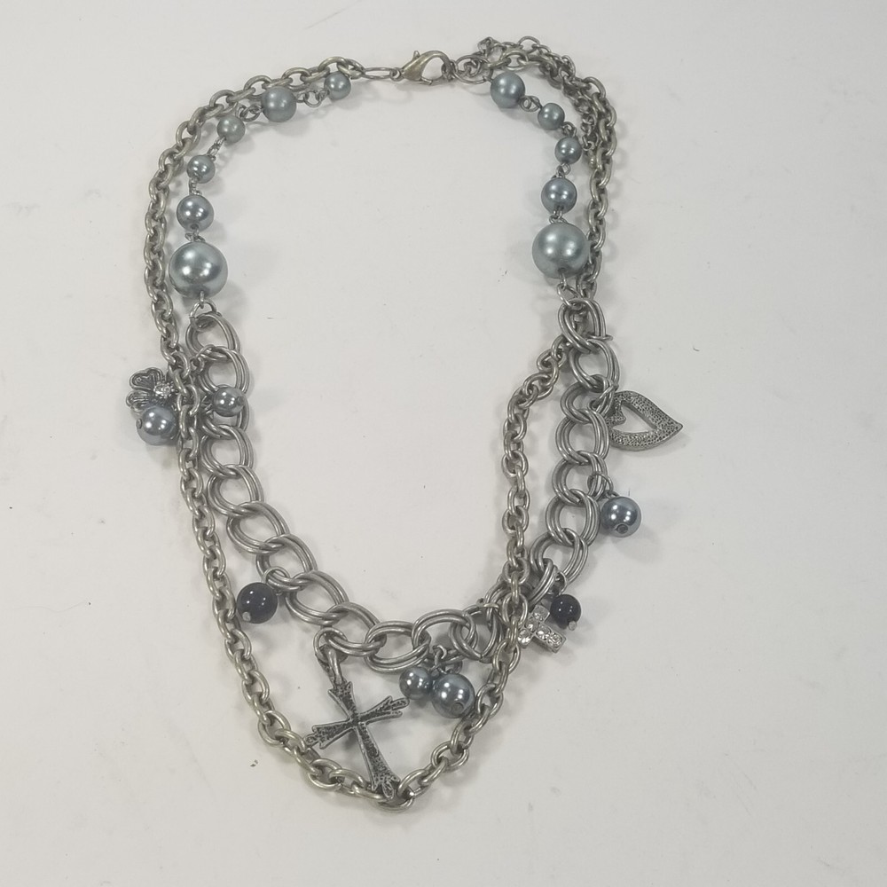 Vintage STATEMENT Bead Silver Tone CROSS Necklace Multi Strand Goth Rocker
