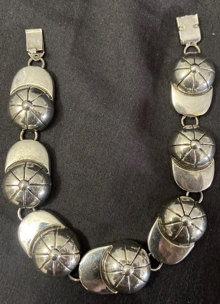 Vtg Rare SilverTone 8″ Baseball Cap Link Bracelet 50s Novelty Sport Memorabilia