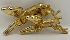 Deer & Fawn Mom & Baby Leaping Pin Jumping Gazelle Vintage Animal Brooch Gold Tn
