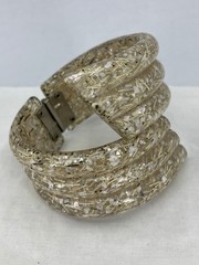 Vintage Lucite Confetti Bracelet Gold White Wide Bypass Clamper