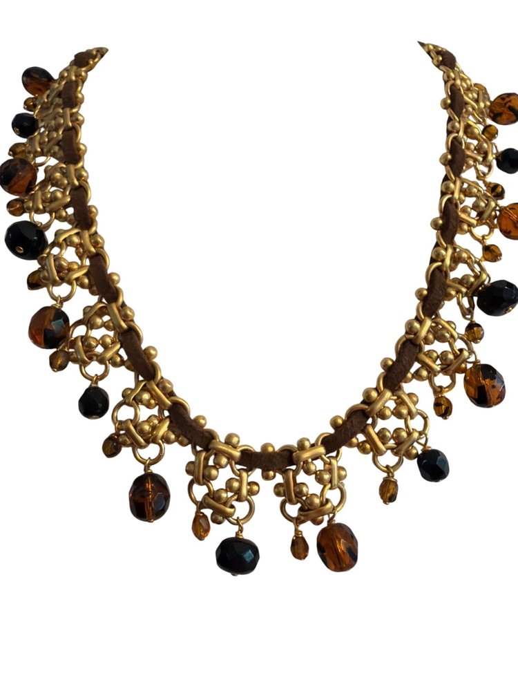 Vintage Gold Tone Suede Leather Necklace Glass Beads Dangles Hook Clasp 15.5″
