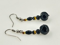 Beaded Dangle Drop Earrings Silver Tone Metal 1.75″ Length Black Amber Glass