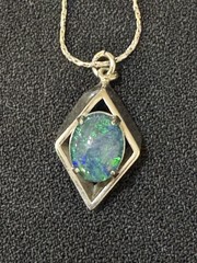 Vintage Faux Black Fire Opal Pendant & 18K White Gold Plated Chain Necklace