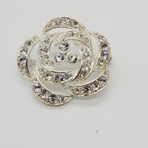 Flower Brooch White Crystal PAVE Silver Tone 1.25 in Vintage Signed