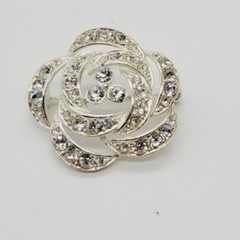 Flower Brooch White Crystal PAVE Silver Tone 1.25 in Vintage Signed
