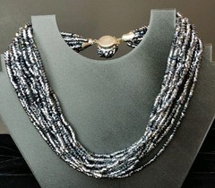 Black Czech Glass 12 Strand 1950’s Necklace Statement Push In Clasp VTG 15″