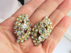 Vintage Chunky Clear & AB Rhinestone Earrings Clip-On Gold Plate