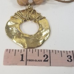 Vintage Gold Tone Brutalist Necklace Leather Wood Bead Pendant Boho